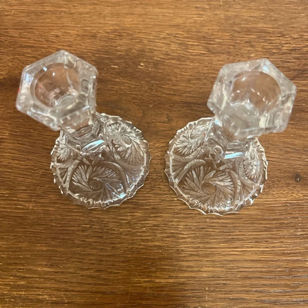 Vintage Pressed Glass Crystal Candle Holders Pair – Starburst Scalloped Edge